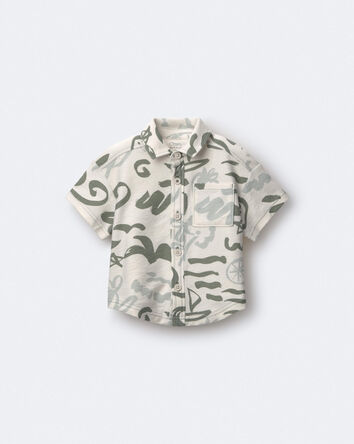 Toddler Boy Button-Down Short Sleeve Shirt in Sailboat Print - Cream, 