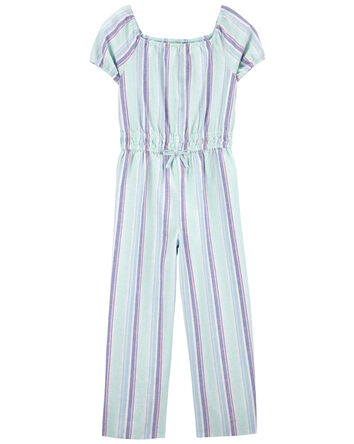 Striped Button-Front Linen Cotton Jumpsuit, 