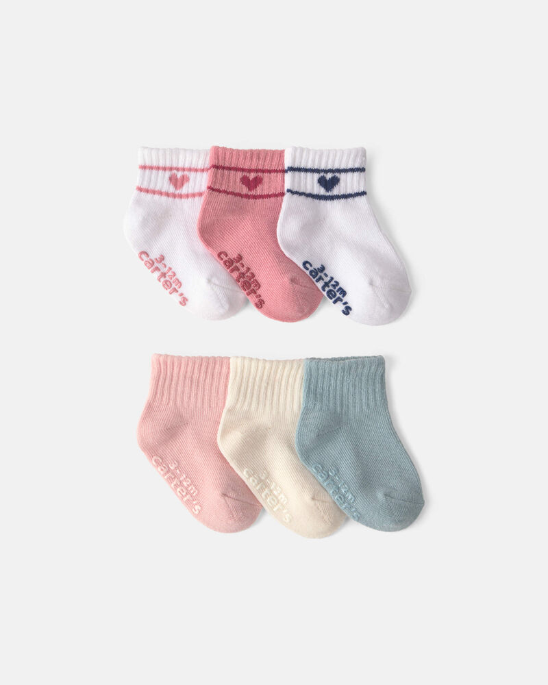 Baby Girl 6-Pack Heart Varsity Stripe Ankle Socks, image 1 of 2 slides