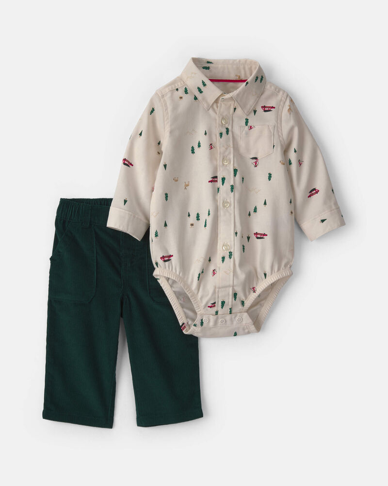 Baby Boy 2-Piece Christmas Twill Long-Sleeve Top & Pant Set - Cream/Green, image 1 of 5 slides