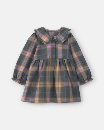 Toddler Girl Plaid Peter Pan Collar Long-Sleeve Dress - Grey/Pink, 