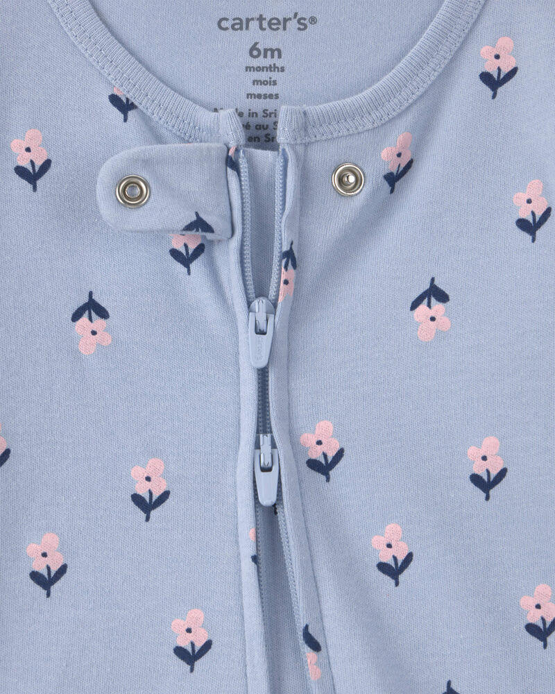 Baby Girl 2-Way Zip Flower & Butterfly Cotton Sleepers - Blue, image 3 of 6 slides