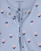 Baby Girl 2-Way Zip Flower & Butterfly Cotton Sleepers - Blue, image 3 of 6 slides