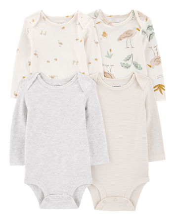 Baby 4-Pack Stork Long Sleeve Bodysuits, 