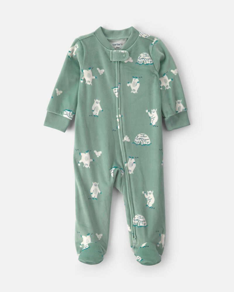 Baby Boy Yeti Fleece 2-Way Zip Sleep & Play Pyjamas - Green, image 1 of 5 slides