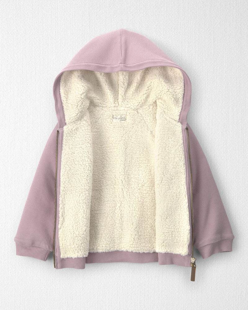 Toddler Girl Recycled Teddy Fleece Waffle Knit Hooded Jacket Made with Organic Cotton, image 2 of 4 slides
