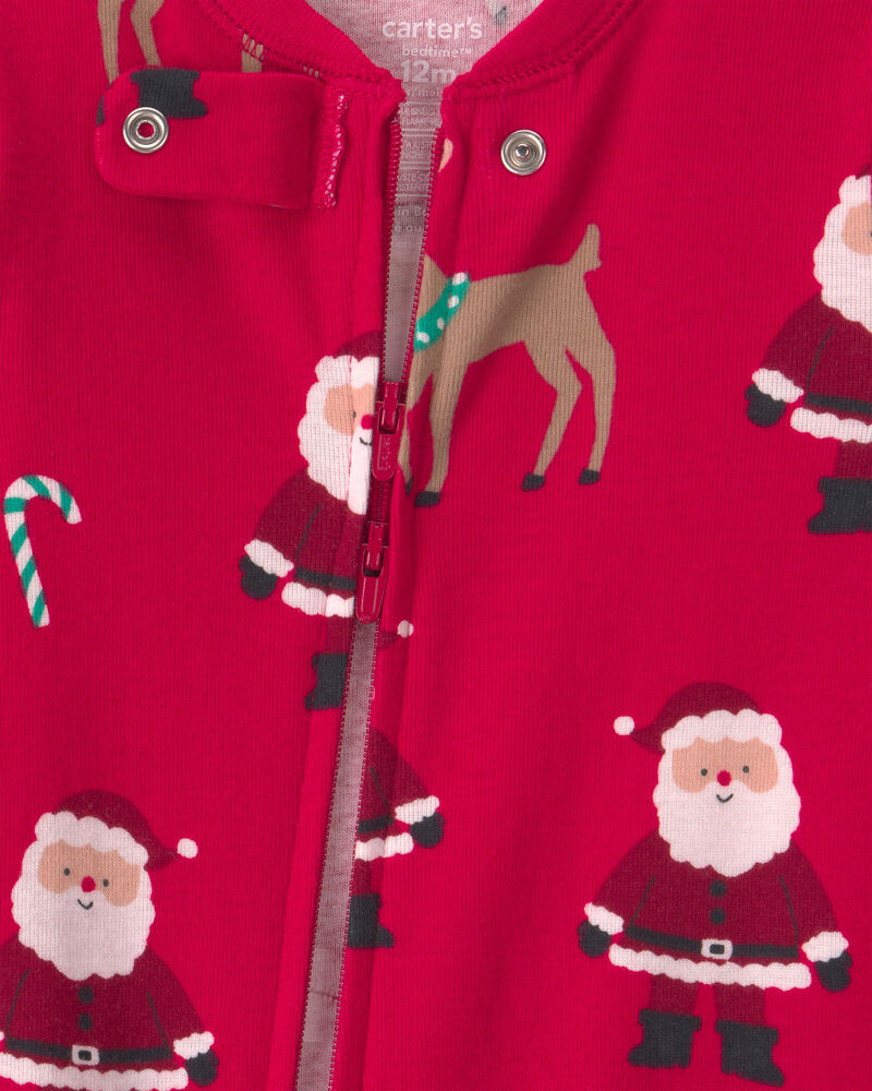 Baby 1-Piece Beige Santa Christmas 2-Way Zip 100% Cotton Snug Fit Footed Pyjama - Red, image 4 of 5 slides