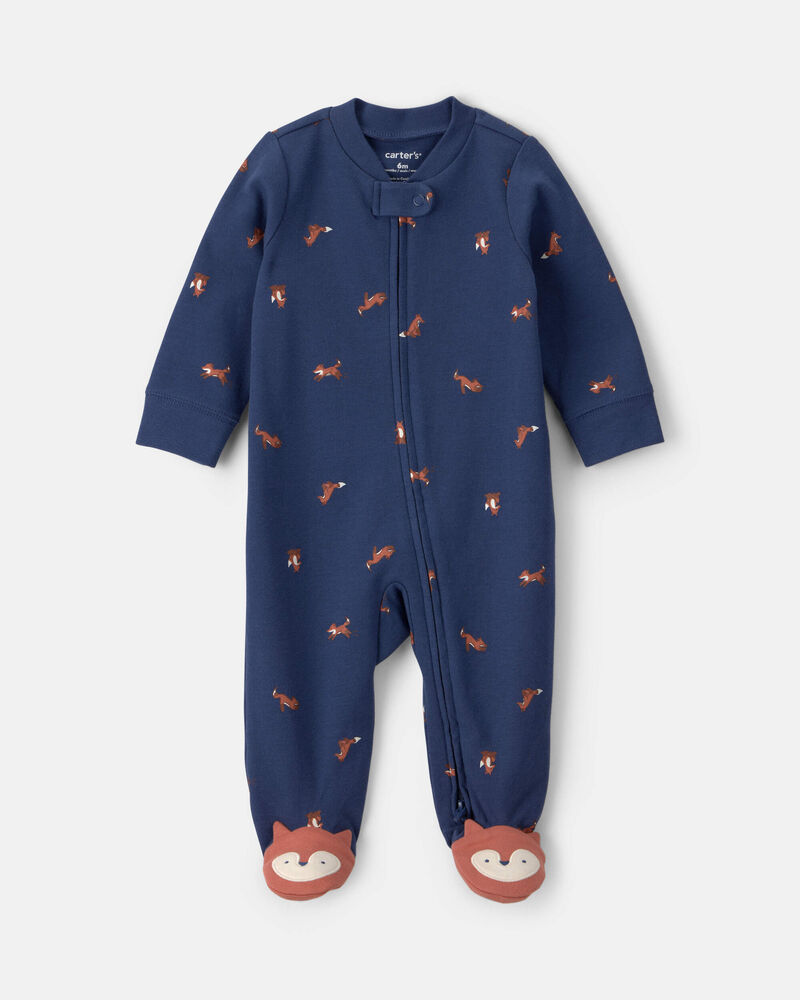 Baby Boy Fox 100% Cotton  2-Way Zip Sleeper - Navy Blue, image 1 of 6 slides