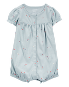 Baby Girl Floral Print Ribbed Short-Sleeve Romper - Blue, image 1 of 3 slides