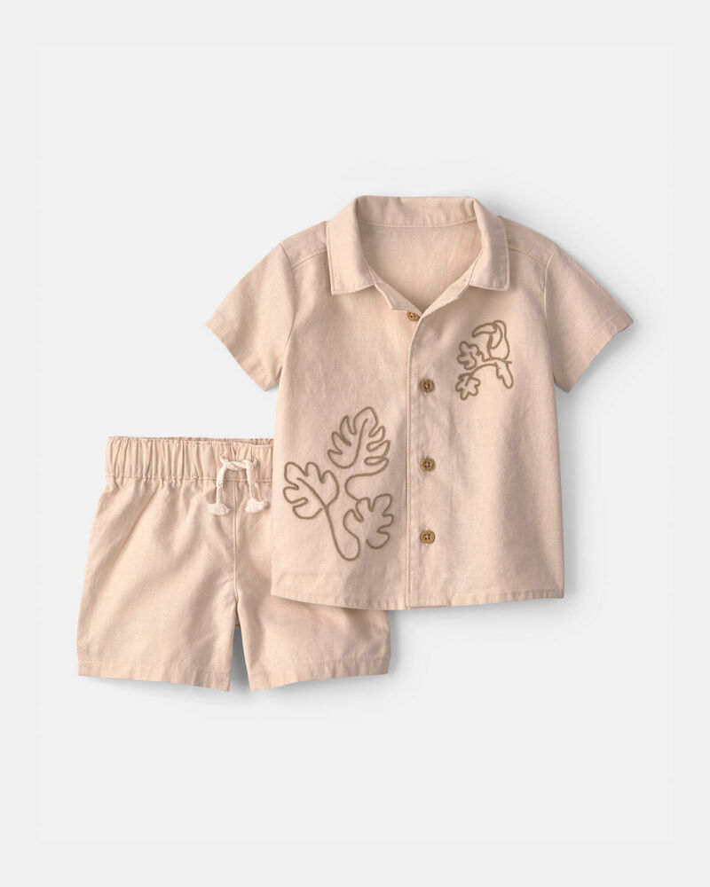 Baby Boy 2-Piece Toucan Embroidered Top & Short Set - Khaki, image 1 of 4 slides