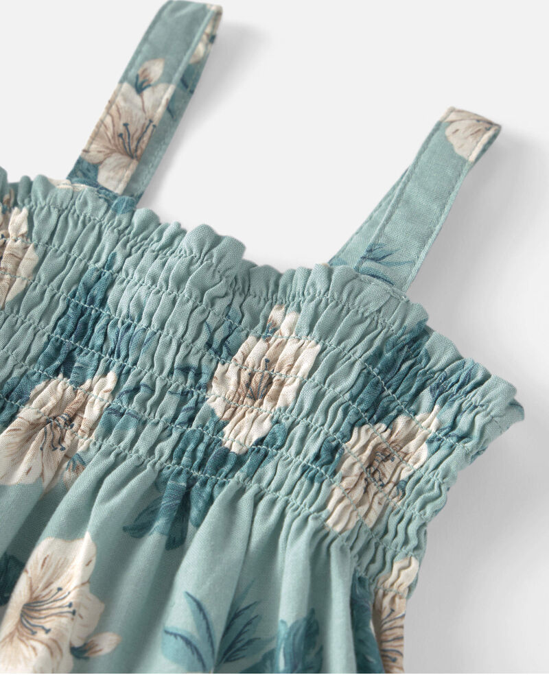 Girls  Smocked Linen Dress Made with Organic Cotton in Blue Hibiscus, image 4 of 6 slides
