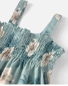 Girls  Smocked Linen Dress Made with Organic Cotton in Blue Hibiscus, image 4 of 6 slides