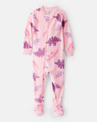 Toddler Girl Dinosaur DreamPlush Snug Fit 2-Way Zip 1-Piece pyjamas - Pink, image 1 of 3 slides