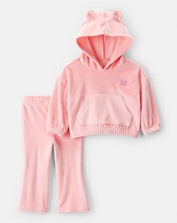 Baby Girl Bear Velour Hoodie & Pant Set - Pink, 