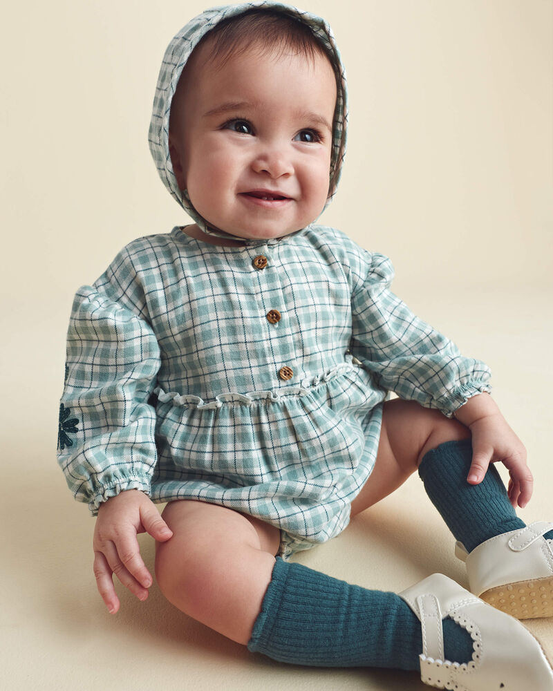 Baby Girl 3-Piece Flannel Long-Sleeve Bubble Set - Green, image 3 of 7 slides