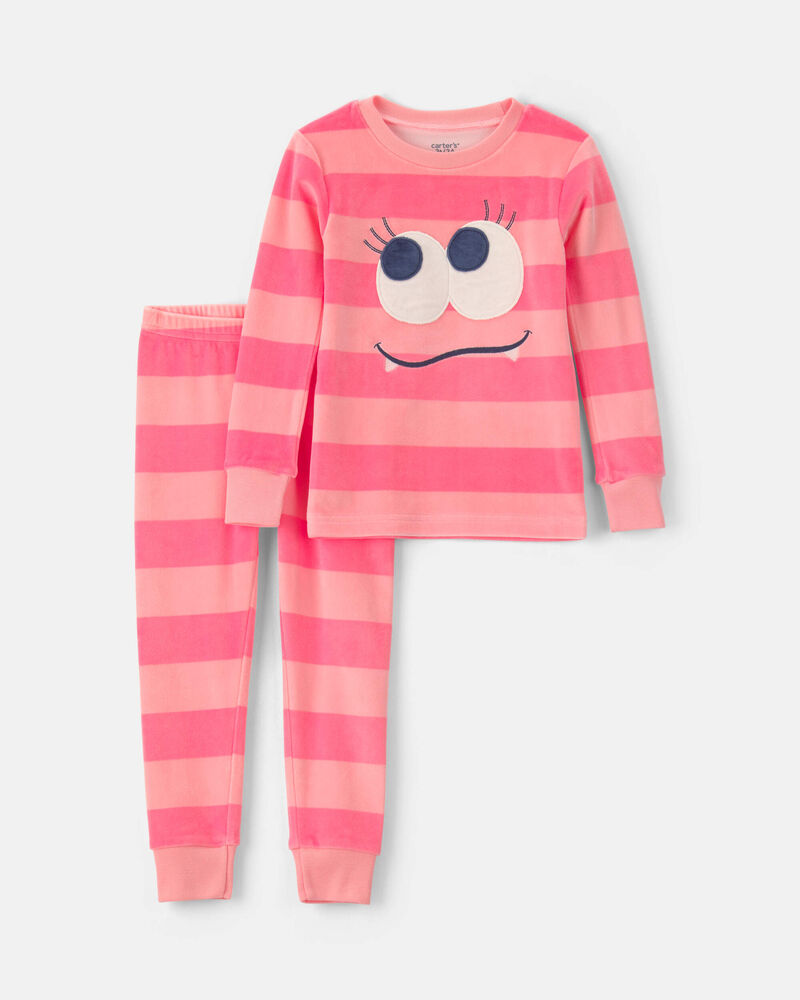 Toddler Girl 2-Piece Monster Striped DreamPlush Snug Fit Pyjama Set - Coral, image 1 of 6 slides