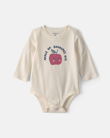 Baby 'Apple Of Grandpa's Eye' Apple Long-Sleeve Graphic Bodysuit - Cream, 