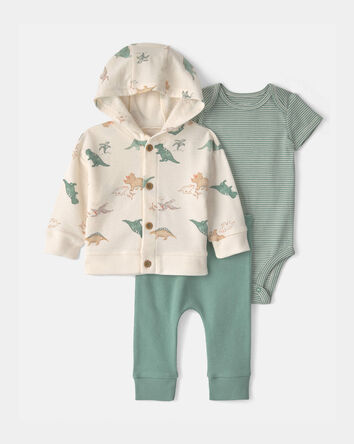 B&eacute;b&eacute; gar&ccedil;on - Ensemble 3 pi&egrave;ces &agrave; superposer &agrave; motif dinosaure &ndash; Vert/Cr&egrave;me, 