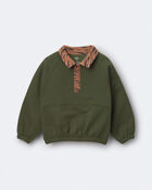 Toddler Girl Pullover sweatshirt with leopard collar - Olive, image 2 of 5 slides