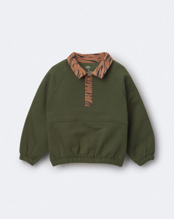 Toddler Girl Pullover sweatshirt with leopard collar - Olive, 