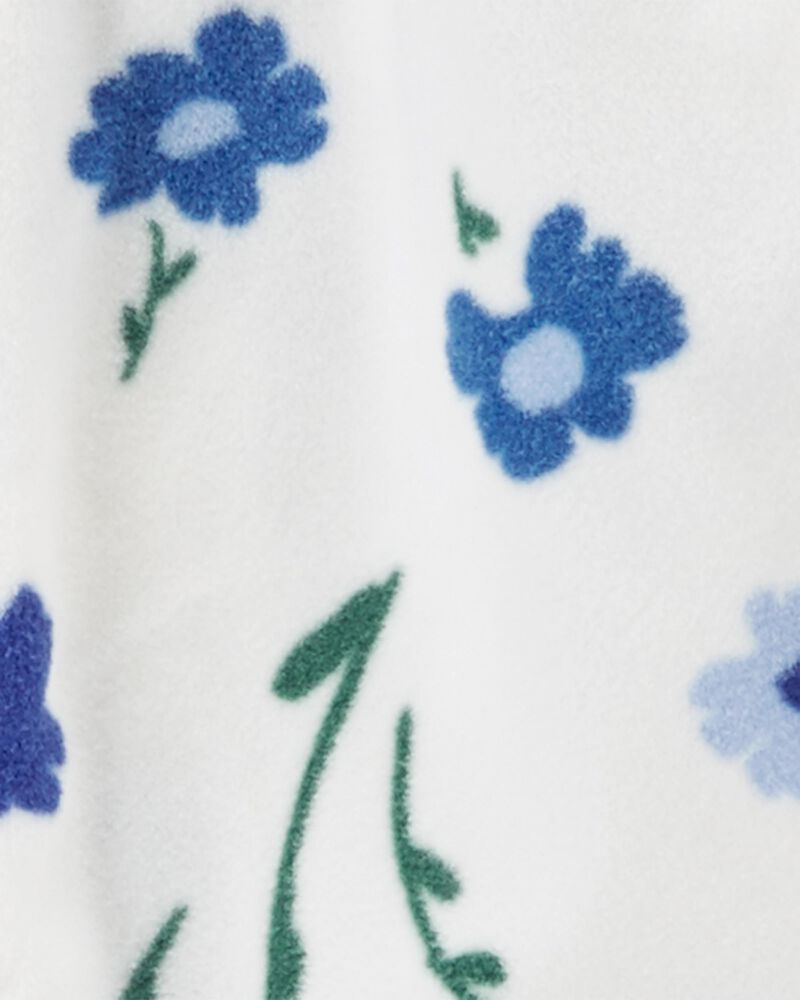White/Blue Floral Print Hooded ZipUp Fleece Jumpsuit