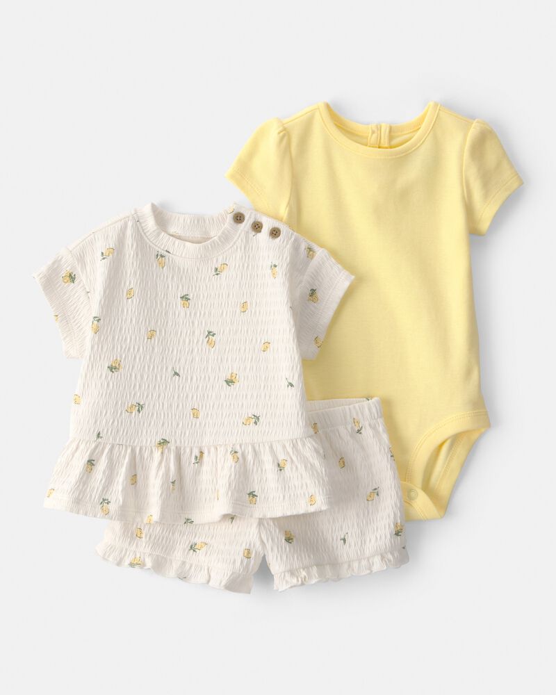 B&eacute;b&eacute; fille - Ensemble 3 pi&egrave;ces haut &agrave; manches courtes, cache-couche et short, citron - Jaune/Ivoire, image 1 sur 3 diapositives