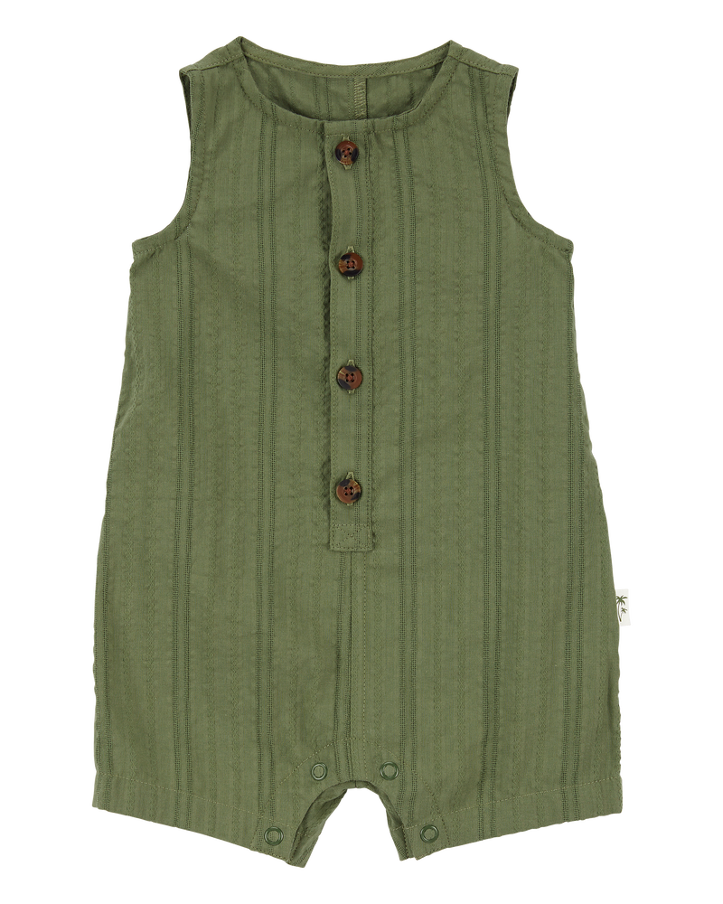 Baby Button-Down Cotton Romper - Green, image 1 of 3 slides