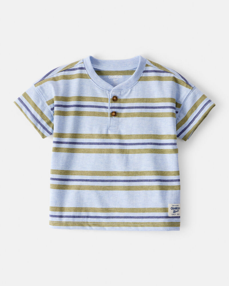 Baby Boy Striped Short-Sleeve Henley Tee - Blue, image 1 of 3 slides