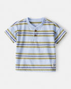 Baby Boy Striped Short-Sleeve Henley Tee - Blue, image 1 of 3 slides