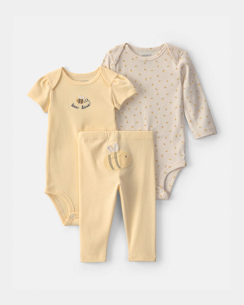 Baby Girl 3-Piece Bee Bodysuit & Pant Set - Yellow/Ivory, image 1 of 5 slides
