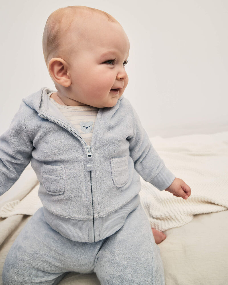 B&eacute;b&eacute; - Ensemble 3 pi&egrave;ces &agrave; superposer, haut &agrave; manches courtes en tissu &eacute;ponge &agrave; motif ourson - Bleu, image 4 sur 8 diapositives
