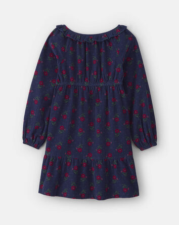 Girls Floral Corduroy Long-Sleeve Dress - Navy Blue, 