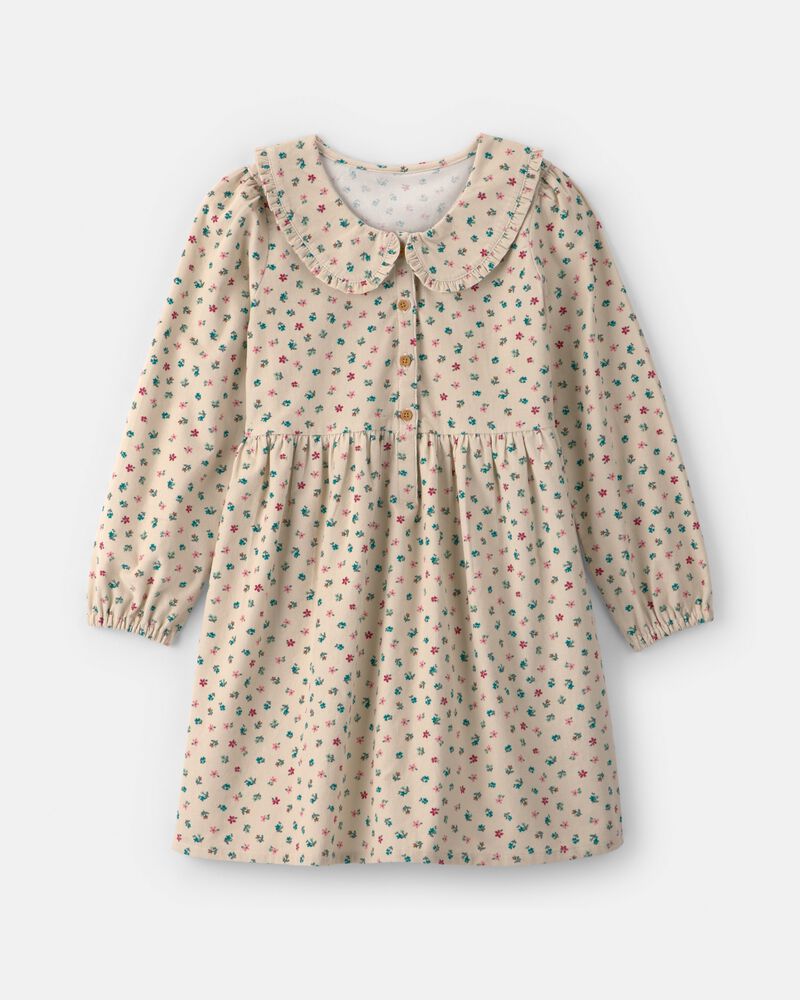 Girls Floral Collared Corduroy Dress - Cream, image 1 of 4 slides
