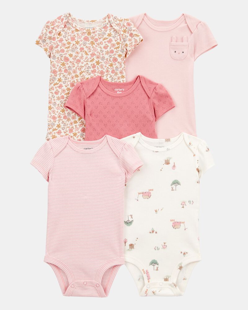 B&eacute;b&eacute; fille - Emballage de 5 cache-couches &agrave; manches courtes en coton &agrave; fleurs et lapins, image 1 sur 7 diapositives