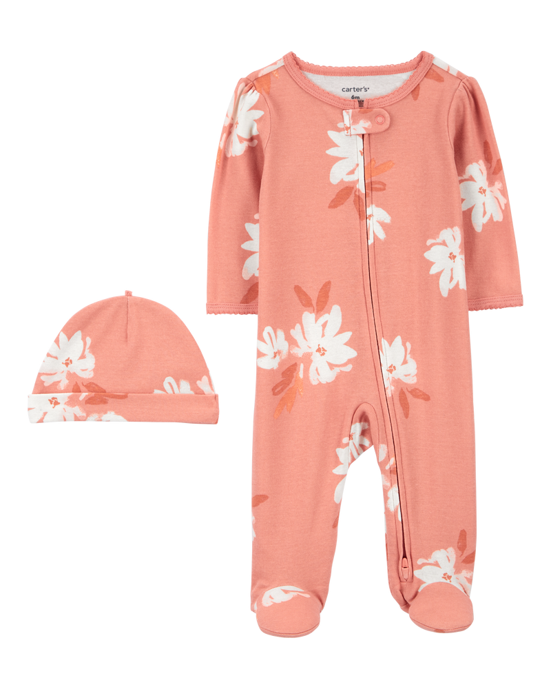 Baby 2-Piece Floral Sleeper & Cap Set, image 1 of 4 slides