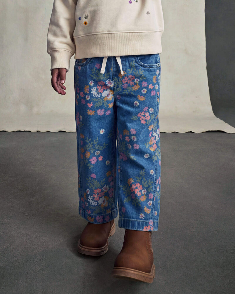 Toute-petite fille - Jeans en denim &agrave; jambe large &agrave; motif floral - D&eacute;lav&eacute; fonc&eacute;, image 4 sur 4 diapositives