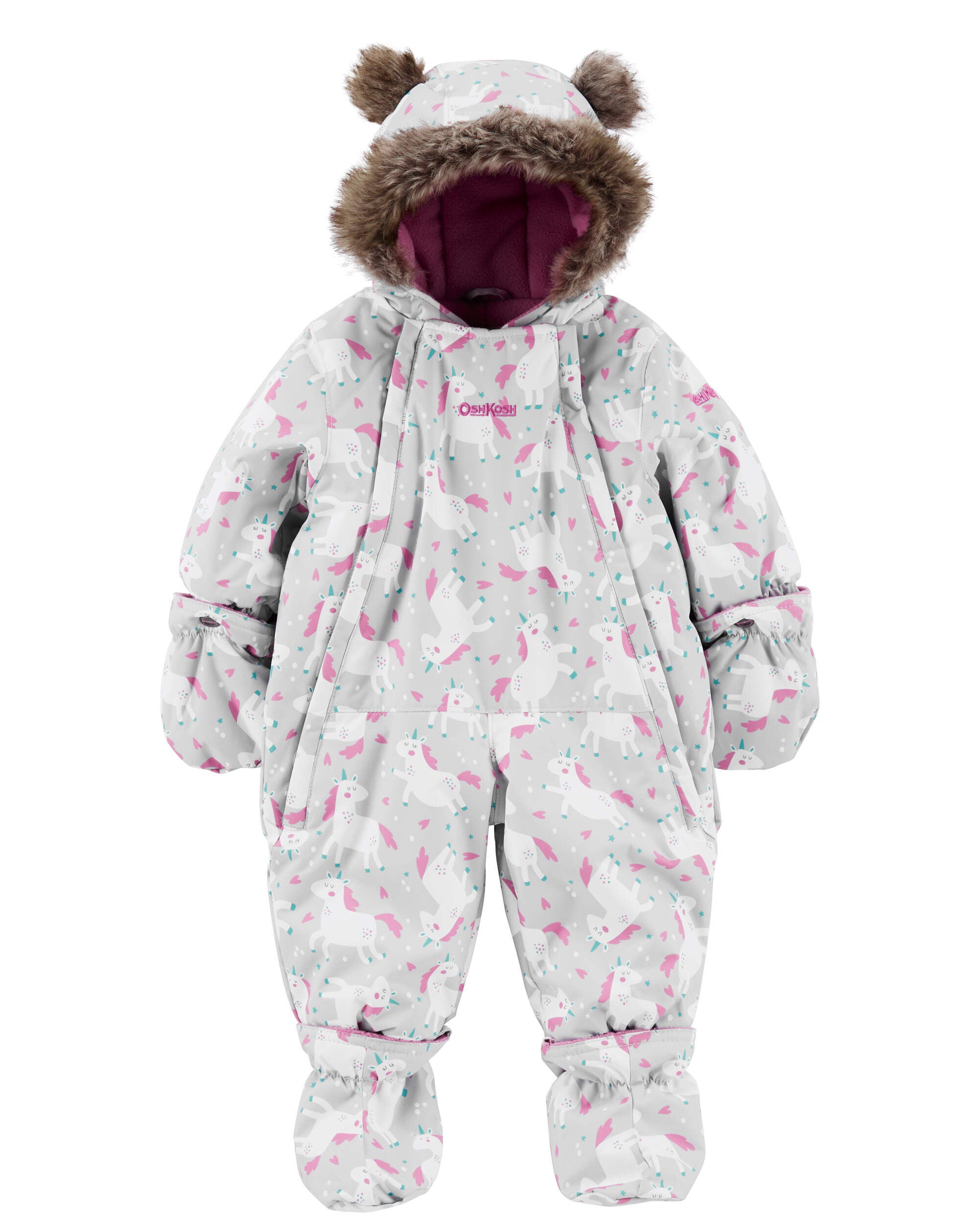 Baby Girls Baby Hooded 1 Piece Grey Unicorn Snowsuit 12M OshKosh Bgosh