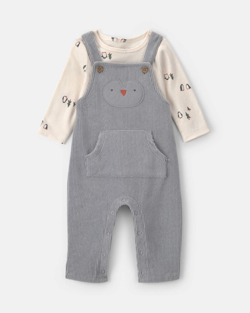 B&eacute;b&eacute; gar&ccedil;on - Ensemble 2 pi&egrave;ces salopette et manches longues &agrave; motif pingouin &ndash; Gris/Cr&egrave;me, image 1 sur 5 diapositives