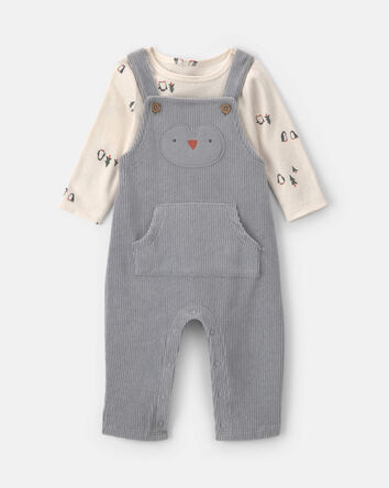 B&eacute;b&eacute; gar&ccedil;on - Ensemble 2 pi&egrave;ces salopette et manches longues &agrave; motif pingouin &ndash; Gris/Cr&egrave;me, 