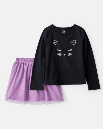Jeune Ensemble 2 pièces t-shirt à chat scintillant et jupe-short à tutu en tulle, 