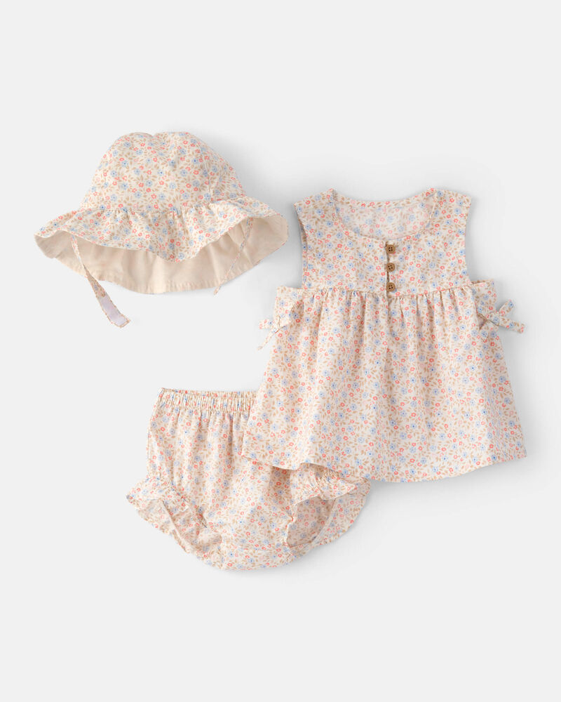 Baby Girl 3-Piece Floral Hat, Top & Short Set - Pink, image 1 of 4 slides