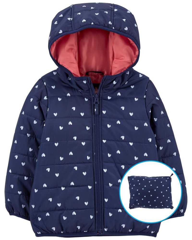 Packable Heart Print Puffer Jacket, image 1 of 4 slides