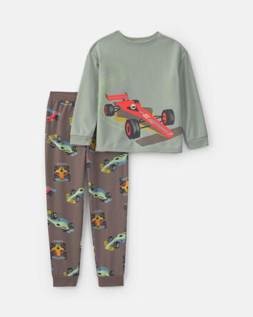 Boys 2-Piece Race Car Fleece Loose Fit Pyjama Set - Grey/Green, 