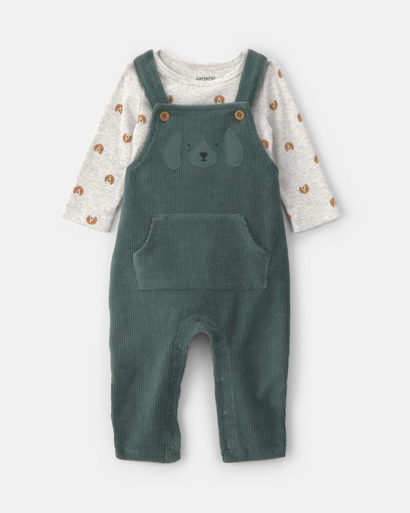 B&eacute;b&eacute; gar&ccedil;on - Ensemble 2 pi&egrave;ces salopette et manches longues &agrave; motif chien &ndash; Vert/Gris, image 1 sur 5 diapositives