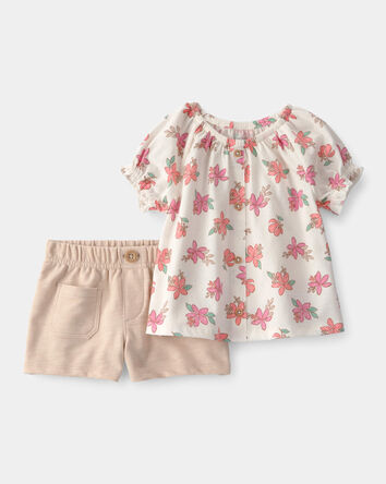 B&eacute;b&eacute; fille - Ensemble 2 pi&egrave;ces haut &agrave; fleurs et short - Cr&egrave;me/Beige, 