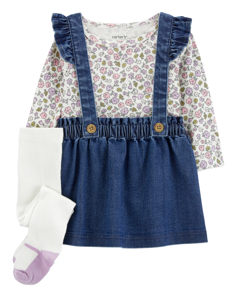 Baby 3-Piece Floral Long-Sleeve Tee, Tights & Chambray Jumper Set, image 1 of 6 slides