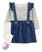 Baby 3-Piece Floral Long-Sleeve Tee, Tights & Chambray Jumper Set, image 1 of 6 slides