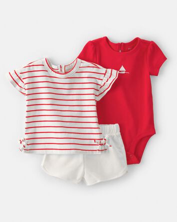 B&eacute;b&eacute; fille - Ensemble 3 pi&egrave;ces haut manches courtes &agrave; volier, cache-couche et short - Rouge/Blanc, 