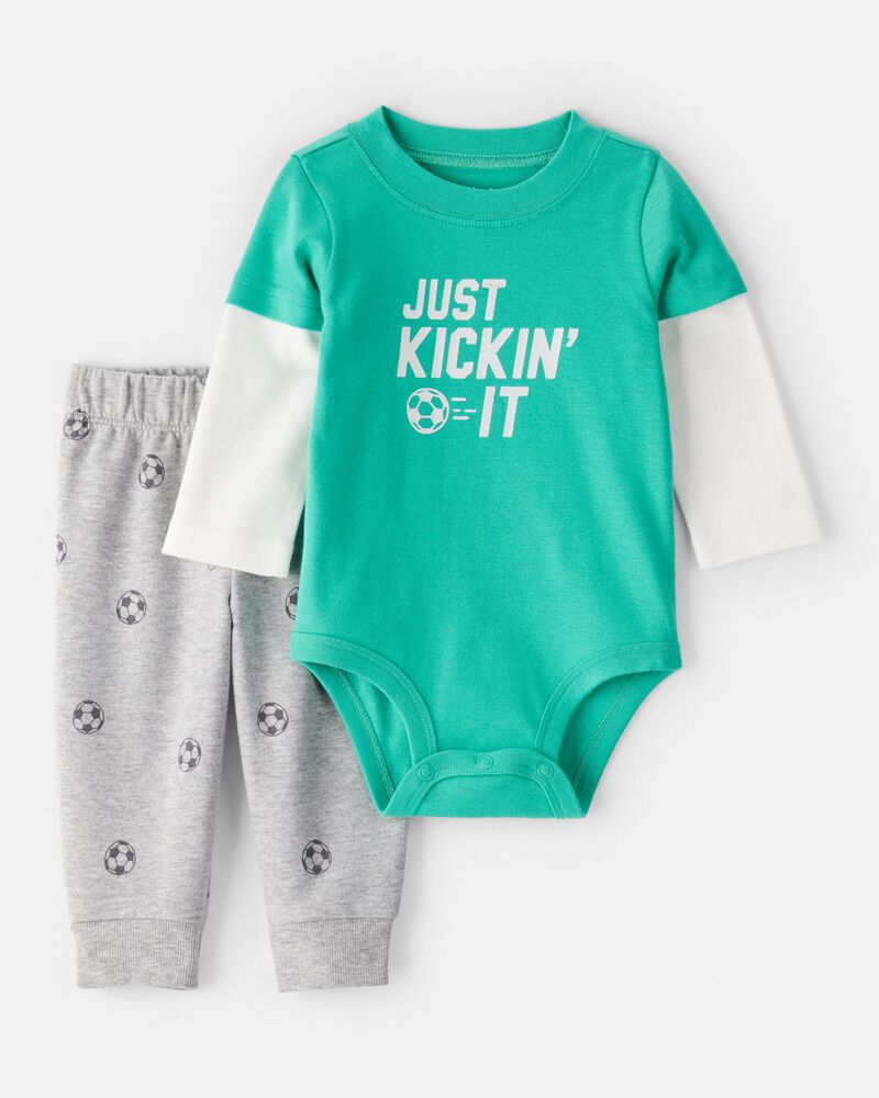 B&eacute;b&eacute; gar&ccedil;on - Ensemble 2 pi&egrave;ces cache-couche et pantalon de soccer &laquo;&nbsp;Just Kickin it&nbsp;&raquo; &ndash; Vert, image 1 sur 4 diapositives