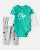 B&eacute;b&eacute; gar&ccedil;on - Ensemble 2 pi&egrave;ces cache-couche et pantalon de soccer &laquo;&nbsp;Just Kickin it&nbsp;&raquo; &ndash; Vert, image 1 sur 4 diapositives